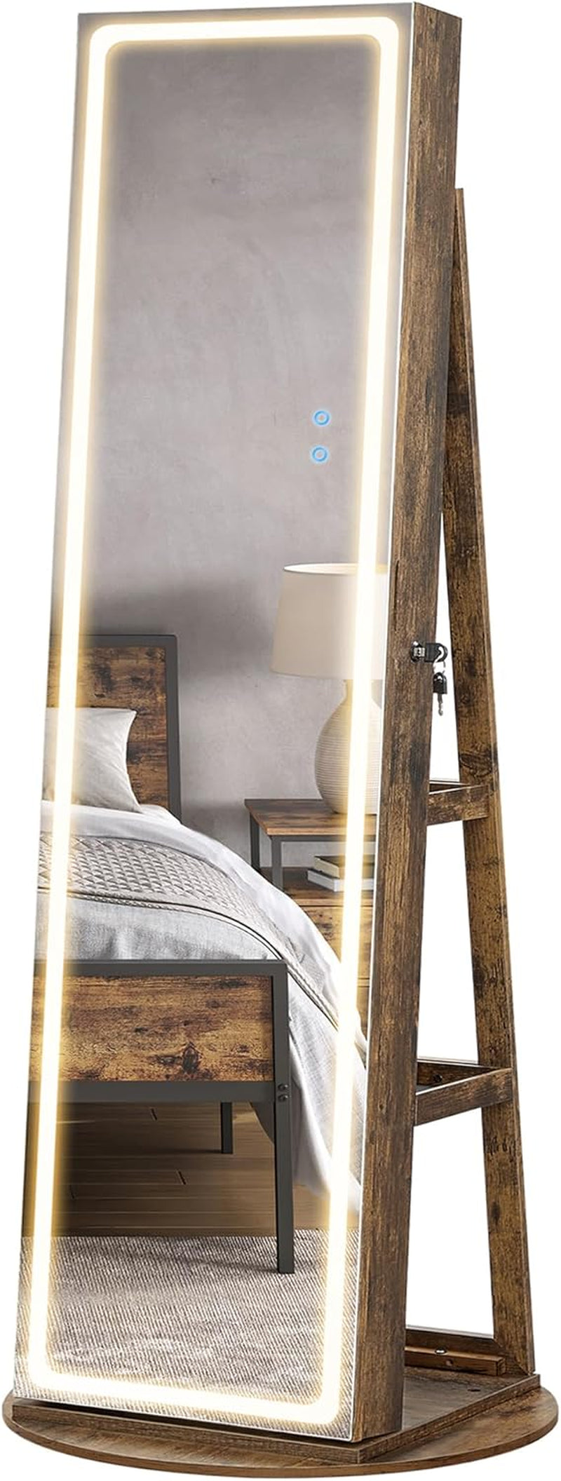 LED Mirror Jewelry Cabinet with Adjustable Lights, Rustic Brown-0