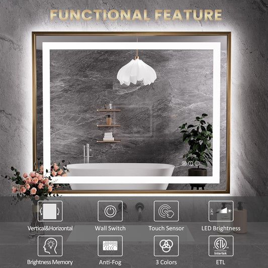 55"X 36" Gold LED Bathroom Mirror With Anti-Fog-1